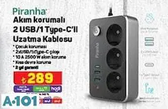 PİRANHA AKIM KORUMALI 2 USB/1 TYPE-C'Lİ UZATMA KABLOSU